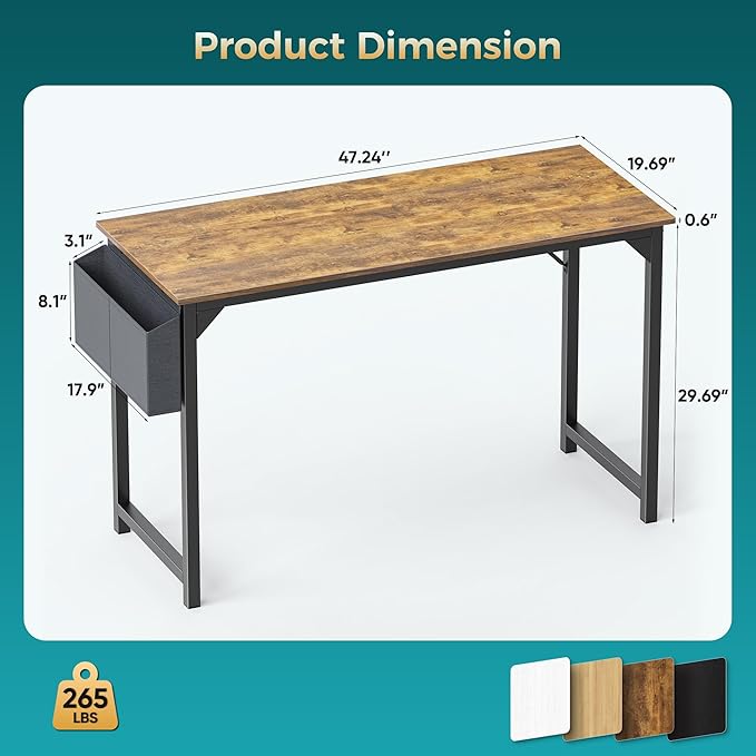 OLIXIS 47 Inch Computer Office Desk for Small Spaces, Writing Gaming Work Desk Modern Study Table with Storage Bag & Headphone Hook Home Bedroom, Rustic Brown