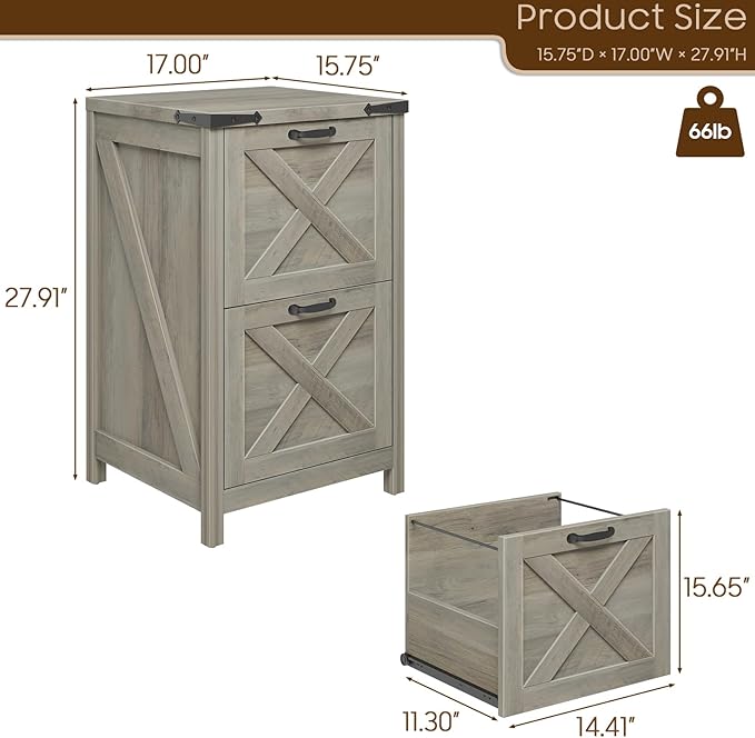 Vabches Vertical File Cabinet with 2 Drawers, Wooden Farmhouse Filing Cabinet for Letter/A4 Size Hanging Files, Under Desk Printer Stand with Storage for Home Office, Grey