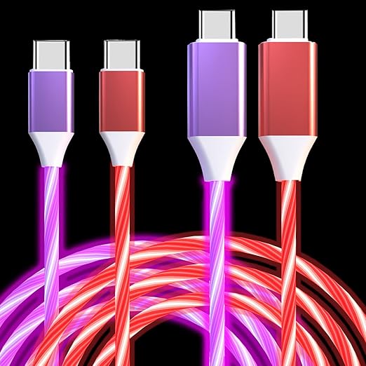 2 Packs USB C to USB C Cable 3A Light Up C to C Cable LED C to Type C Fast Charging Cord for Samsung Galaxy S23 S22 S21 S20 Ultra, i-Phone 15 Pro Max Plus, iPad mini Pro Air(3.3FT,Red&Purple)