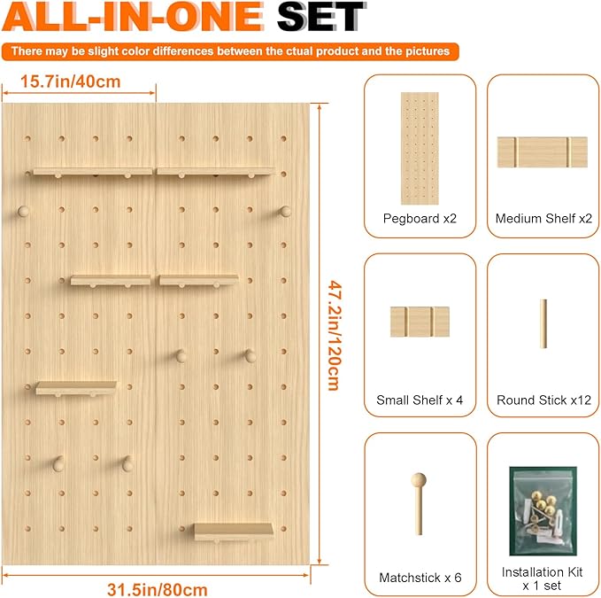 AMSXNOO Wood Pegboard Wall Organizer Panels, Wooden Pegboard Combination Wall Organizer Kit, Display Peg Board Panel Kits for Office Bedroom Livingroom Studyroom (Wooden Color, 31.5X47.2IN/80X120CM)