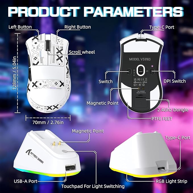 ATTACK SHARK V3 PRO Wireless Esports Gaming Mouse with Magnetic Charging Dock:62g Lightweight-1K Polling-25K DPI-PAW3311 Sensor,Wired/BT/2.4Ghz Programmable,BK52820 IC for PC Laptop Gamer(White+Tape)