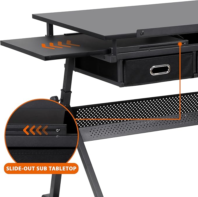 JupiterForce Drafting Desks with 2 Storage Drawers, Height Adjustable Drawing Tables for Painters, Working, Writing, Home Office, Black