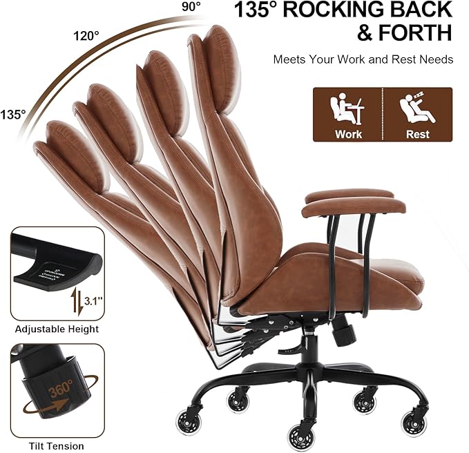 E-Motie Office Chair, Leather Desk Chair with Rubber Wheels, Ergonomic Computer Chair 500 LBS with Lumbar Support, High Back Executive Chair for Modern Home Office, Brown