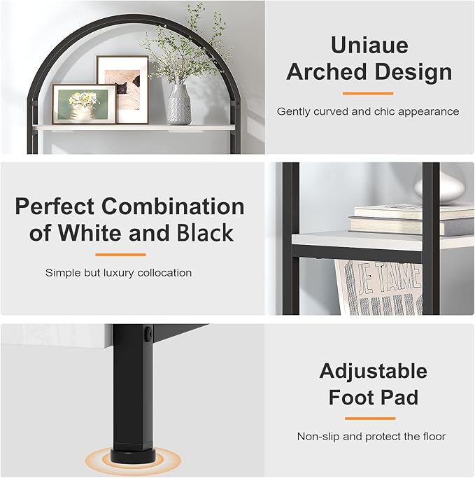 Jehiatek Arched Bookshelf, Bookcase with Doors Storage, 71 Inches Tall Industrial Book Shelf with Sturdy Metal Frame, E1 Quality Boards, Freestanding Display Shelving Unit, Black and White