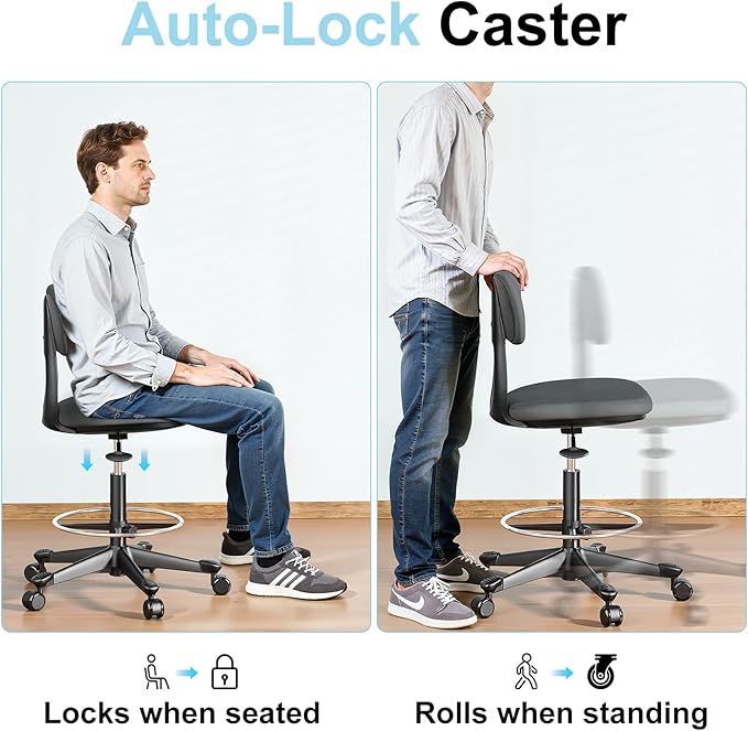 Drafting Chair with Auto-Lock Gravity Wheel,Height Adjustable Standing Desk Chair,Tall Drafting Stool,with Back Support & Foot Rest,No Arms,for Studio,Lab,Office or Home
