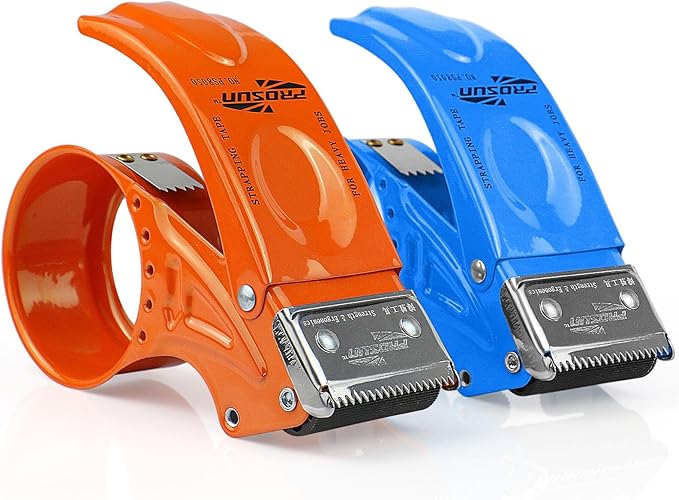 BOMEI PACK Metal Packing Tape Dispenser, 2inch Heavy Duty Handheld Heavy Duty Tape Holder, 2Pcs, Orange + Blue
