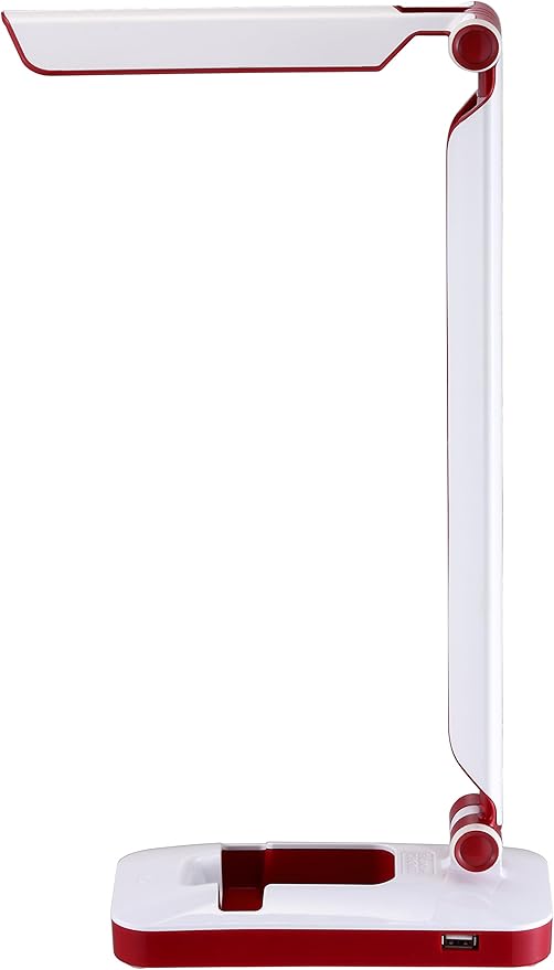 Black and Decker Office LED3FOLD-WHTRED PureOptics Verve 5W Flicker-Free Natural Daylight LED Desk Lamp with USB Charging Port, Phone Stand, 2 Dimming Levels (267 Lumens), 16" x 9" x 3.5" , White/Red