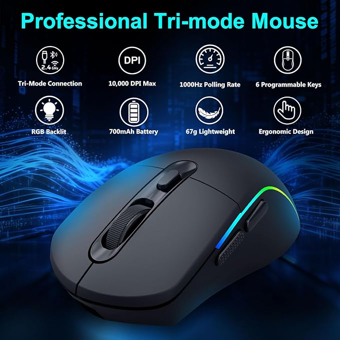 E-YOOSO Wireless Gaming Mouse, 10,000 DPI, Tri-Mode 2.4Ghz/Bluetooth/USB-C Wired, RGB Backlit, 6 Programmable Buttons, Ergonomic Rechargeable Gamer Mice with PC, Mac, PS, Xbox - Black