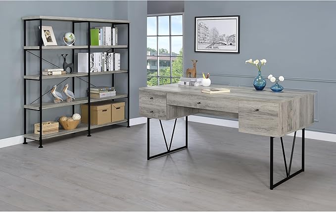 Rustic Industrial Writing Desk with 4 Drawers 63" Wide Sonoma Grey Driftwood Finish Computer Desk Sturdy Metal Frame Office Desk for Home Office Study Student & Gaming Setup