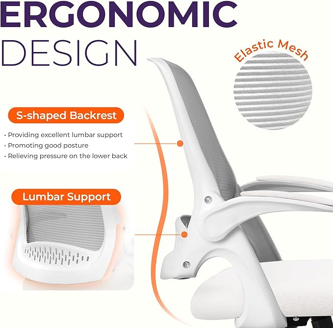 NEO Chair Office Desk Gaming Ergonomic Computer Chair with Lumbar Back Support Adjustable Height Swivel Rolling Wheels Flip-up Arms Mesh Chair for Home Vanity (Ivory)