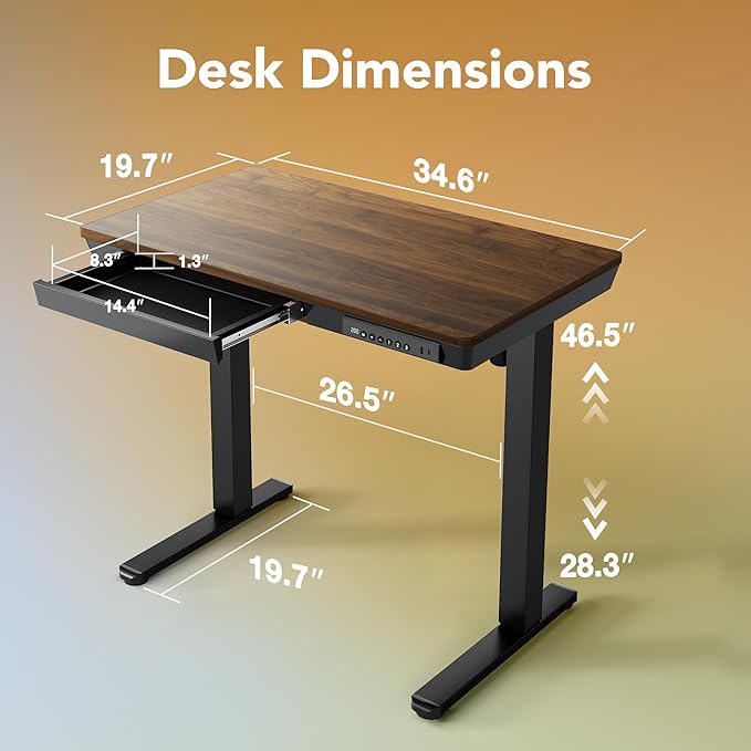 HUANUO Electric Standing Desk with Drawers, 35 x 20 Inch Electric Adjustable Height Desk, Quick Install One-Piece Tabletop with USB Charging Ports, Sit to Stand Up Desk for Home Office, Black Walnut