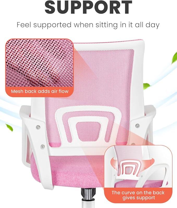 NEO CHAIR Office Desk Computer Chair Ergonomic Mesh Gaming Cushion Seat with Comfy Lumbar Mid Back Support Adjustable Height Swivel Rolling Wheels for Home Task (Pink)