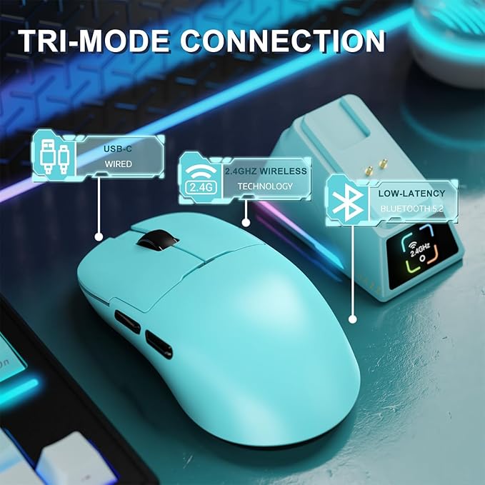 A.JAZZ AJ159APEX 8Khz Wireless Gaming Mouse Ultralight 56g with Magnetic Screen Charging Dock 42000DPI PAW3950 Sensor Tri Mode BT/2.4Ghz/Type-c Wired Programmable for Esport FPS PC Mac Gamer(Blue)