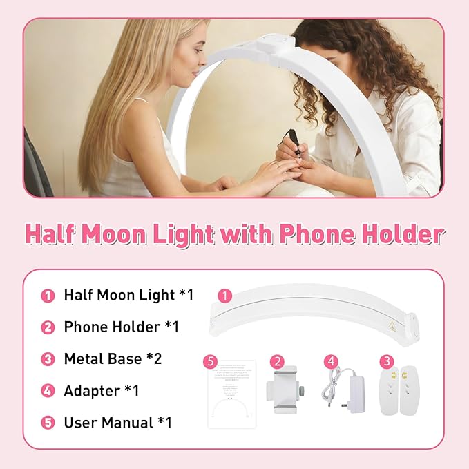 HITTI 29in Half Moon Light for Nail Desk, Foldable, 3 Color Modes & 10 Brightness, Phone Stand, Arch LED Nail Tech Table Lamp for Manicure Salon, Handicraft, Art, Eyelash Extension - White