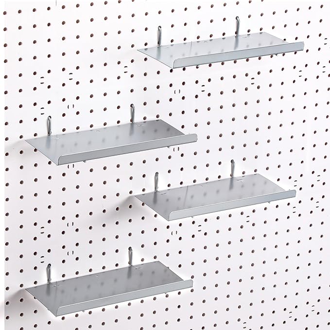 Beeveer 4 Pcs Pegboard Shelves Wall Organizer Brackets Pegboard Steel Tray Accessories Organizing Tools for Craft Garage Nursery Workbench Kitchen(10.04 x 4.33 Inch,Silver)
