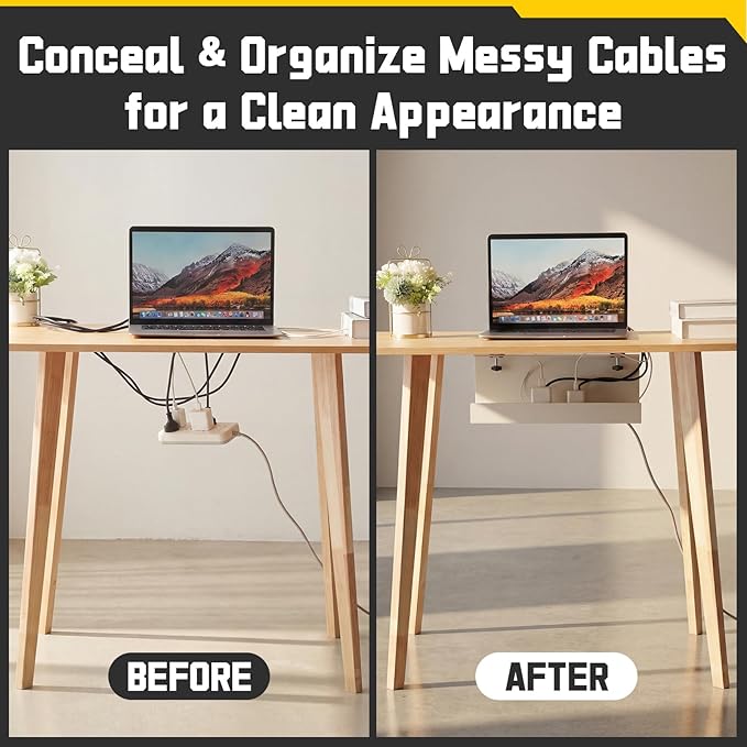 16×6×6 Inch No Drill Clamp-on Power Strip Cable Management Tray Under Standing Desk Steel Cable Organizer Wire Cord Tamer for Office, Home, Garage(White)