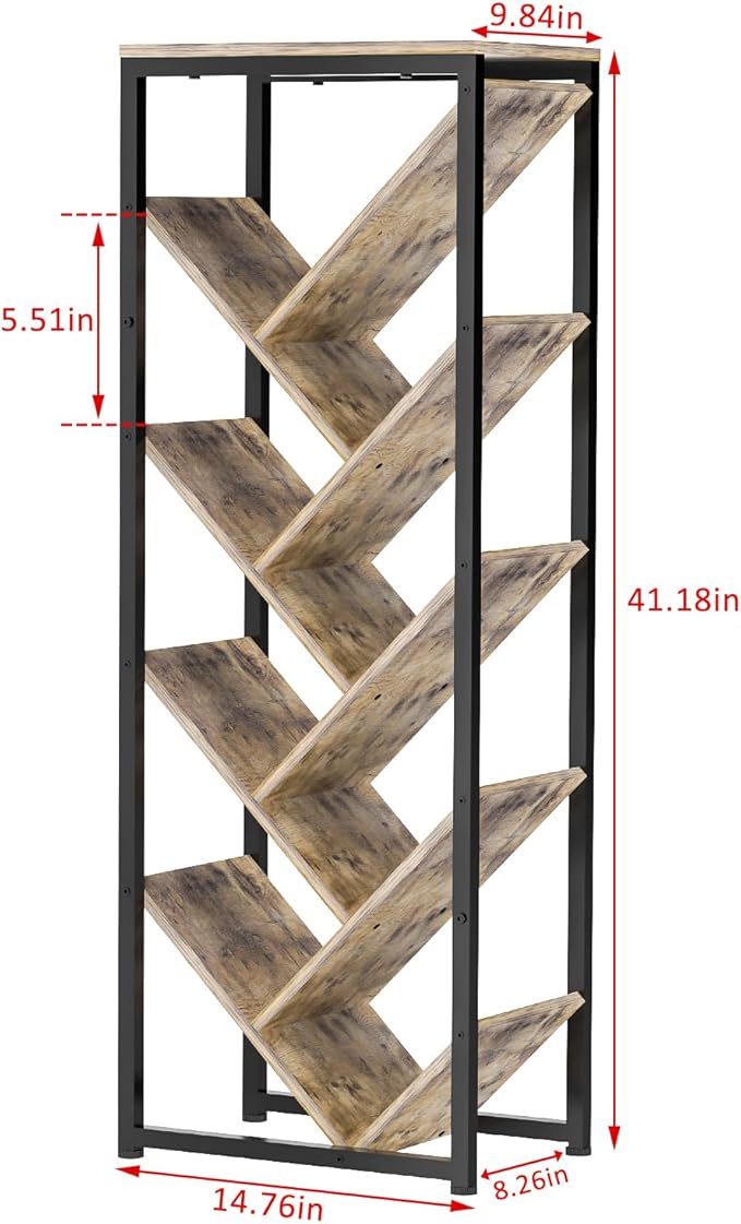 Cutogxon Tree Bookshelf - 9 Tier Floor Standing Tree Bookshelf for Hardcover Books, Small Bookshelf for Small Spaces Bookshelves Wooden Book Storage Organizer Shelves for Bedroom Living Room