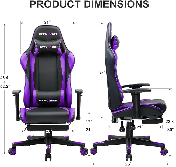 GTPLAYER Gaming Chair with Footrest, Ergonomic Computer Game Desk Chair, Reclining Gamer Chair Seat Height Adjustment, Swivel Rocker with Headrest and Lumbar, Purple