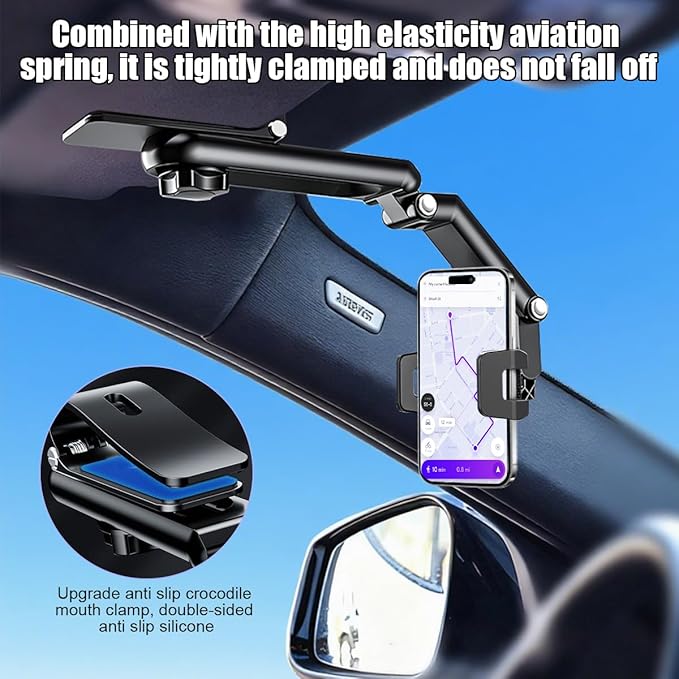 Car Sun Visor Phone Holder, Multifunctional 1080° Rotatable Retractable Vehicle Rearview Cell Phone Mount, Automotive Interior Visor Smartphone Holder, Universal for SUV RV Truck (Gray)