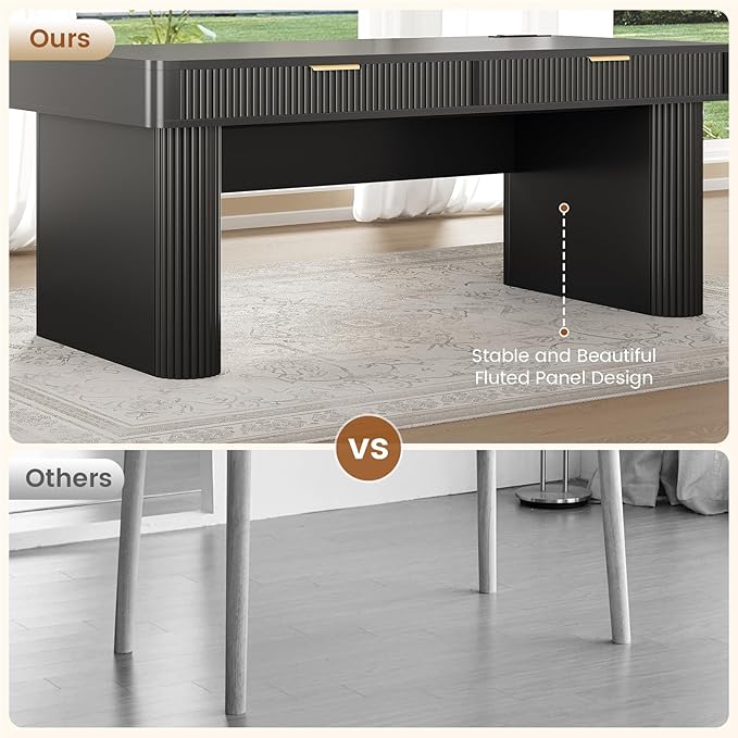 SEDETA Office Desk with 2 Drawers, 59" Fluted Computer Desk with Storage and Power Strip, Wood Executive Desk, Writing Desk for Home Office, Living Room, Bedroom, Black