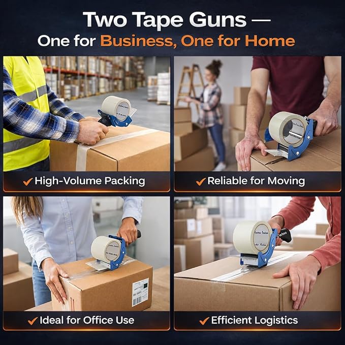 Professional 3-Inch Tape Gun Dispenser, 2-Pack Heavy-Duty Packing Tape Dispenser for Shipping Boxes, Quick Reload, Works with Standard & Thick Tape, Ergonomic Handle for Warehouse, Moving & Office