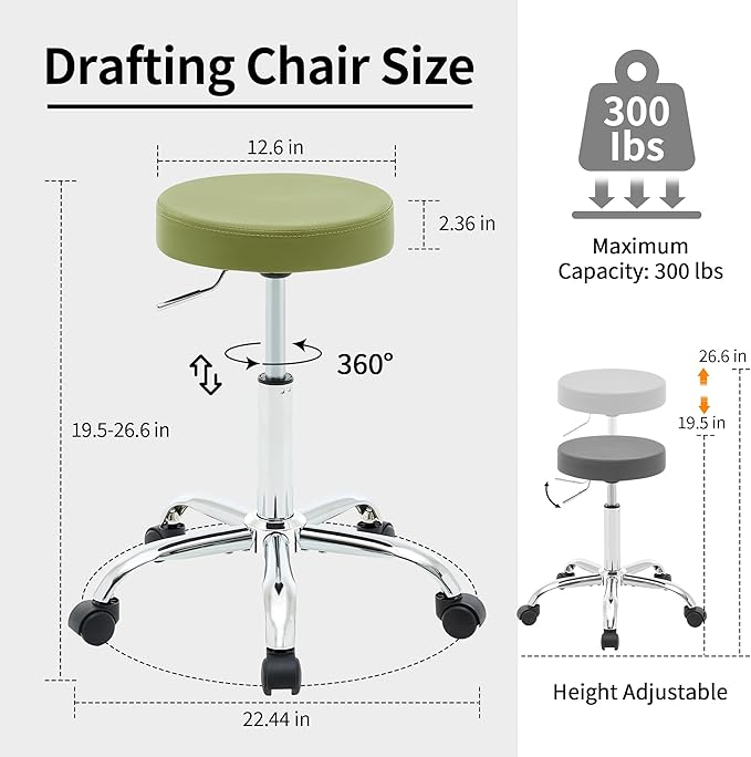 FIRAVOE Office Drafting Chair, Adjustable Drafting Stool on Wheels 19.5"-26.6", Green Salon Rolling Chair (Green)