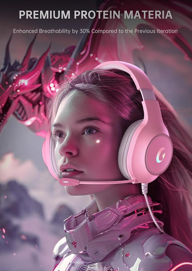 syndesmos CM7002 Gaming Headset for PS5, PS4, PC, Mac, Switch, Xbox Series, Surround Sound RGB Gaming Headphones with Noise Canceling Microphone, 50MM Dynamic Drivers, 3.5MM Audio Jack, Light Pink
