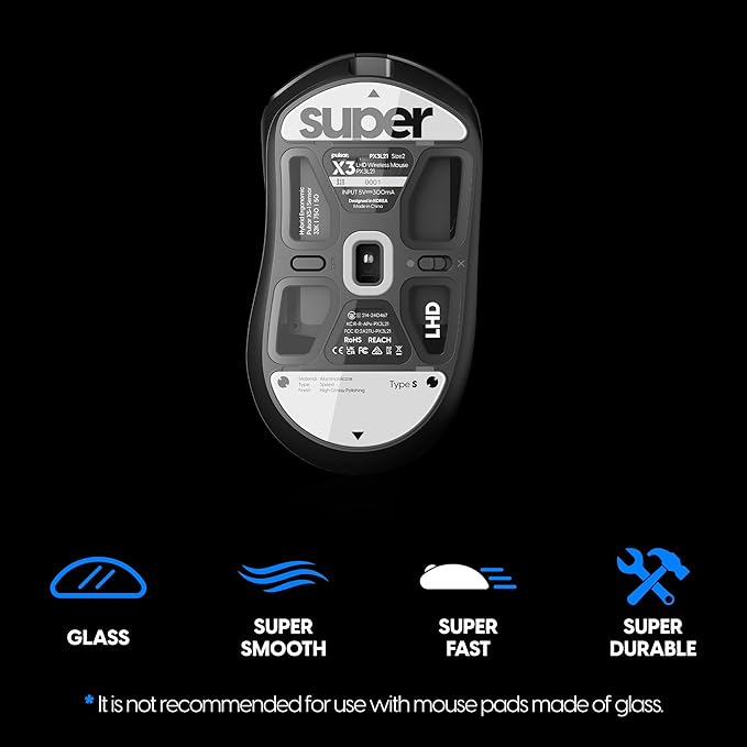 Superglide Glass Mouse Skates - Super Smooth Glide, Polished Round Edge, Super Fast Gaming Mouse Feet with Durable Sole for Pulsar X3 LHD Series (Type-S, White)