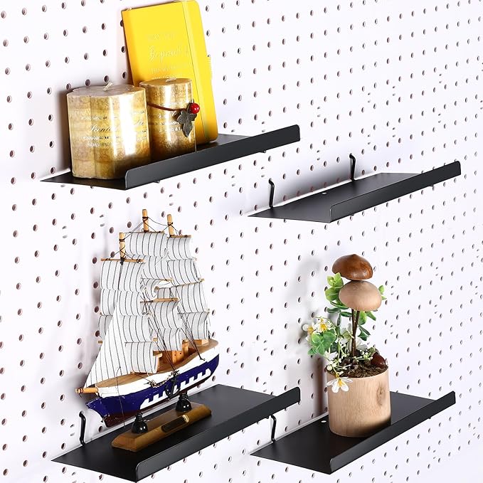 Beeveer 4 Pcs Pegboard Shelves Wall Organizer Brackets Pegboard Steel Tray Accessories Organizing Tools for Craft Garage Nursery Workbench Kitchen(10.04 x 4.33 Inch,Black)