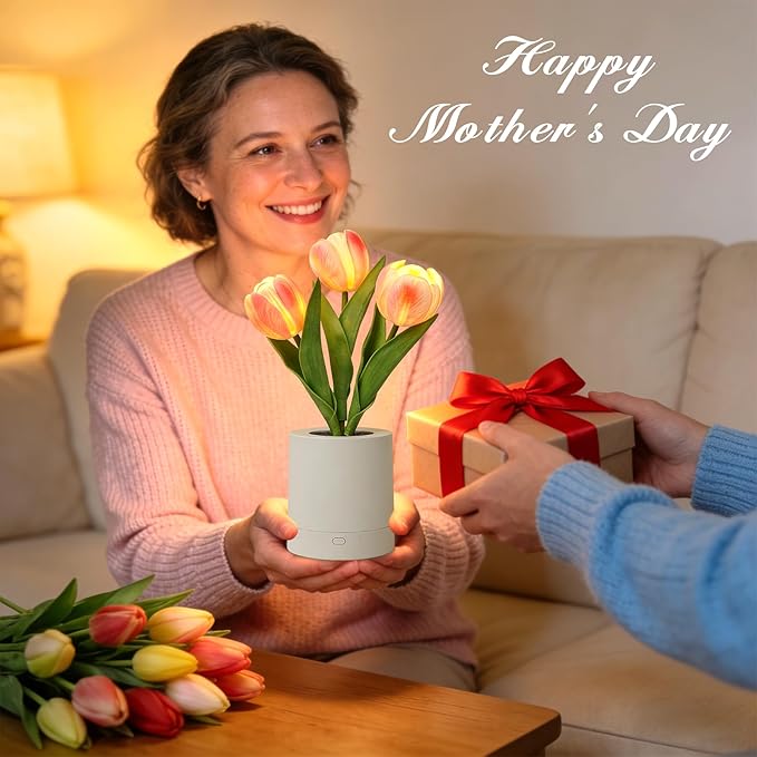 Lifnatty Tulips Flower Lamp for Women, Mothers Day Birthday Presents for Mom, Wife, Girlfriend - Rechargeable Dimmable Flower Table Lamp Decor, Cute Tulip Night Light for Women Birthday Christmas