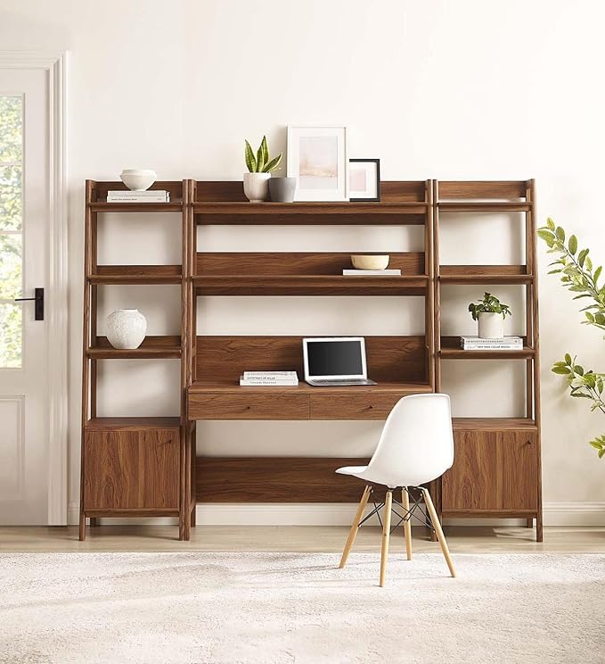 Modway 3-Piece Home Office Desk and Bookshelf Display Case in Walnut