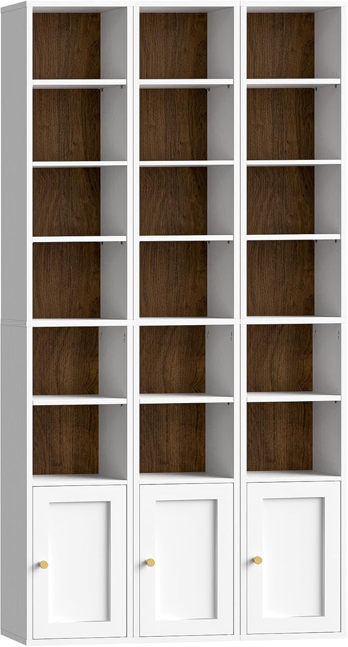RALGEND 7-Tier Tall Narrow Bookshelf with Door Set of 3, 70.9 Inches CD DVD Slim Media Tower Rack with Storage Cabinet, Adjustable Shelves, Skinny Bookshelf Display Bookcase, White and Walnut