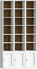 RALGEND 7-Tier Tall Narrow Bookshelf with Door Set of 3, 70.9 Inches CD DVD Slim Media Tower Rack with Storage Cabinet, Adjustable Shelves, Skinny Bookshelf Display Bookcase, White and Walnut