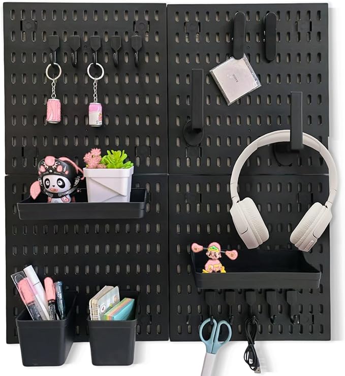 Black Pegboard Organizer Set with Hooks & Storage Boxes, Desk or Wall Peg Board Panels for Tools, Crafts, and Office Supplies – 4 Boards (30×30 cm Each)