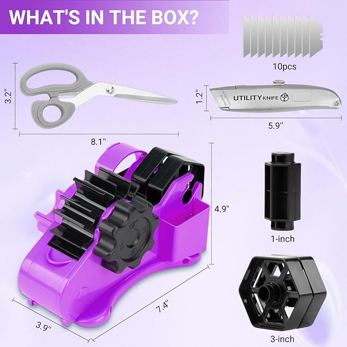 THINKLEARN Heat Tape Dispenser - Sublimation Heat Transfer Tape Dispenser with Scissors and Utility Knife, 1 '' & 3'' Core, Multi-Roll Pre-Cut Tape Dispenser for Crafting, Purple