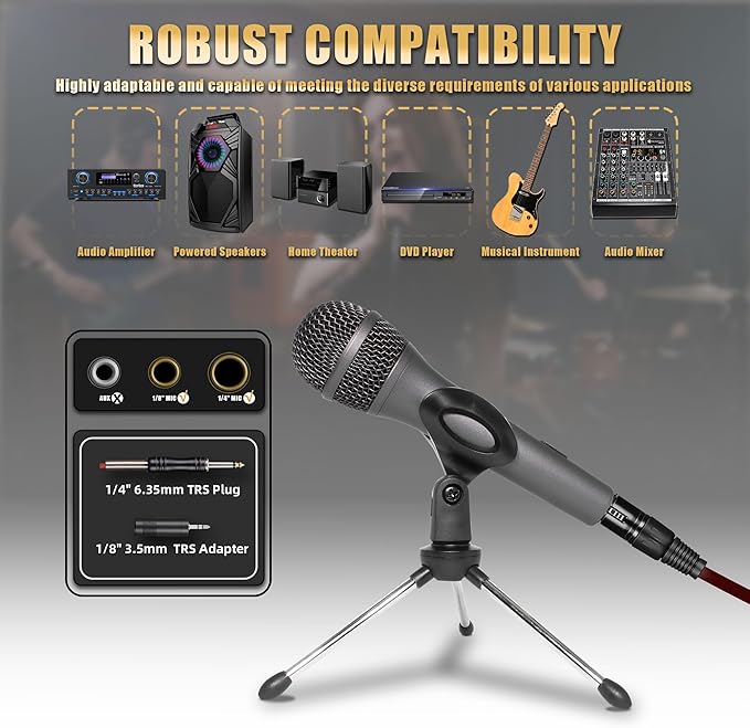 Professional Dynamic Microphone for Singing Karaoke Microphone with 16ft XLR to 1/4'' Audio Cable, Vocal Handheld Mic for Podcast Mixer Amplifier PA System