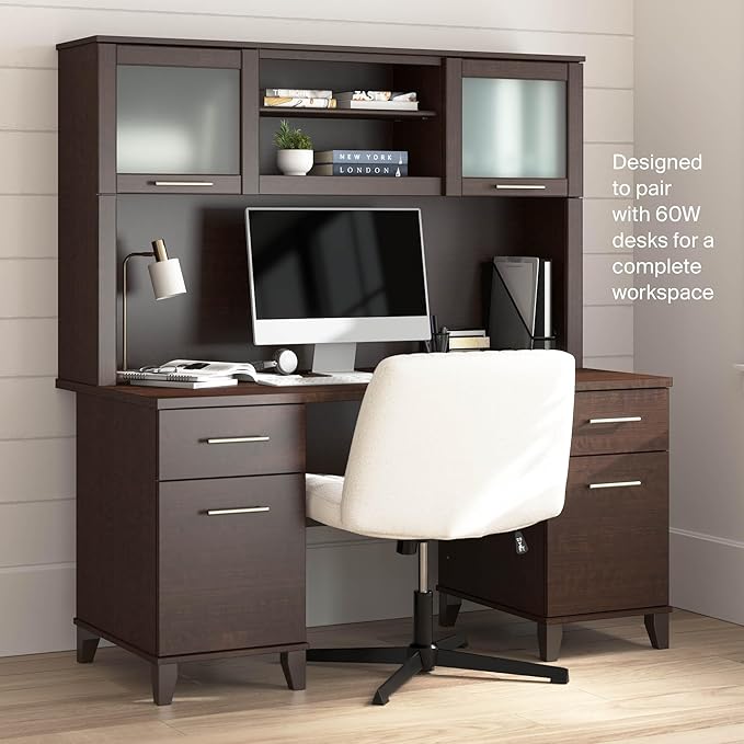 Bush Home 60-Inch Desk Hutch, Office Storage Organizer with Shelves, Cubbies and Frosted Glass Doors for Computer Desk, Home Office Furniture, Somerset Collection, Mocha Cherry