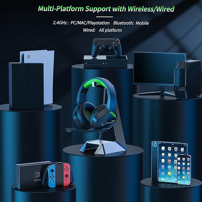 BINNUNE Wireless Gaming Headset for PS5 PC, 120H Ultra-Long Battery, 2.4GHz & Bluetooth 5.3 Wireless Gaming Headphones, PS5 Hadset Wireless with Mic, 50mm Drivers, Comfort Over Ear Headphones,Green