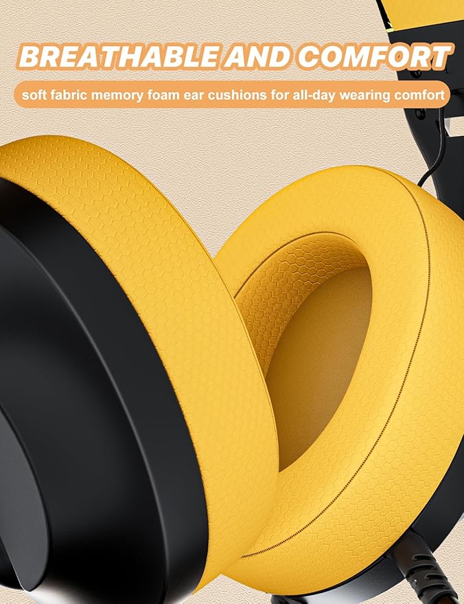 WIRWTRU S30 Gaming Headset with Microphone,198g Lightweight Design, Wired Gaming Headphones for Xbox, Xbox Series X|S, PS5, PS4, Switch, PC, Noise Cancelling Mic, Soft Earmuffs (Yellow)
