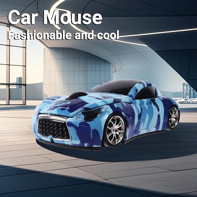 elec Space Wireless Car Mouse with LED Headlights, 2.4G Unique Car Mouse for Kids, 1600 DPI Cute Gaming Mouse for Laptop PC Computer - Navy Blue