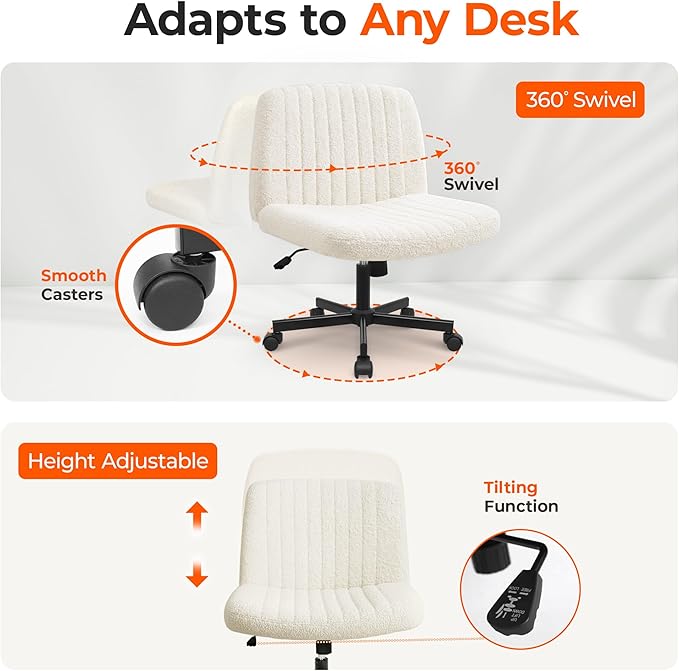 Orange Factory Criss Cross Chair Wheels Vanity Chair Office Desk Comfy Wide Cross Legged Armless Teddy Fabric Adjustable Swivel for Home Computer Task (White, Teddy Fleece)