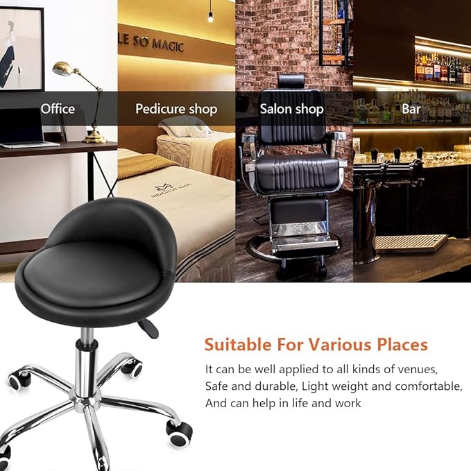 KKTONER PU Leather Round Rolling Stool with Back Rest Height Adjustable Swivel Drafting Work SPA Task Chair with Wheels Black