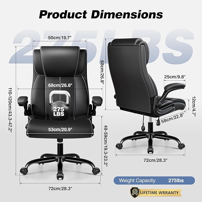BESTFAIR Ergonomic Office Chair - Desk Computer Chair, Leather High Back Executive Chairs with Adjustable Lumbar Support & Flip Up Arms, Black 8 Pack
