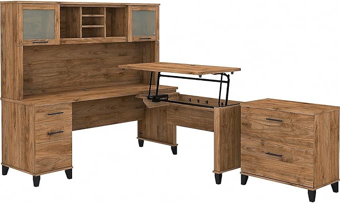 Bush Home Somerset 72W 3 Position Sit to Stand L Shaped Desk with Hutch and File Cabinet in Fresh Walnut