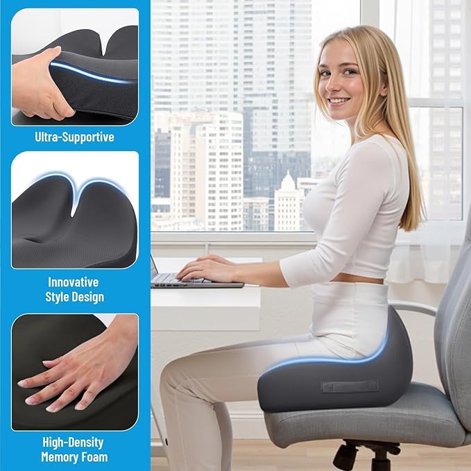 Cushzone Seat Cushion, Memory Foam Office Chair Cushions, Ergonomic Curved Design for Sciatica, Tailbone, Coccyx, Seat Support for Car, Desk Chair, Wheelchair, Enhances Long Sitting Comfort (Grey)