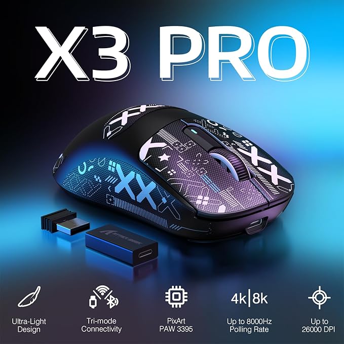 MANBASNAKE Attack Shark X3 Pro 4K/8K Hz Mouse, 59g Superlight BT/2.4G Wireless/Wired Gaming Mouse, PixArt PAW3395 Gaming Sensor, 26000 DPI, Griptape, Programmable Buttons for Win11/Xbox/PS/Mac(Black)
