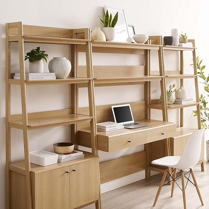 Modway 3-Piece Home Office Desk and Bookshelf Display Case in Oak