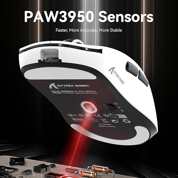 ATTACK SHARK R6 Wireless Gaming Mouse,38G Ultra-Lightweight Trip-Mode 2.4G/USB-C/Bluetooth Mouse Gaming with PAW3950MAX Sensor,42000 DPI,50G Accelerated Speed for PC/Laptop/Mac PC/Laptop/Mac -White