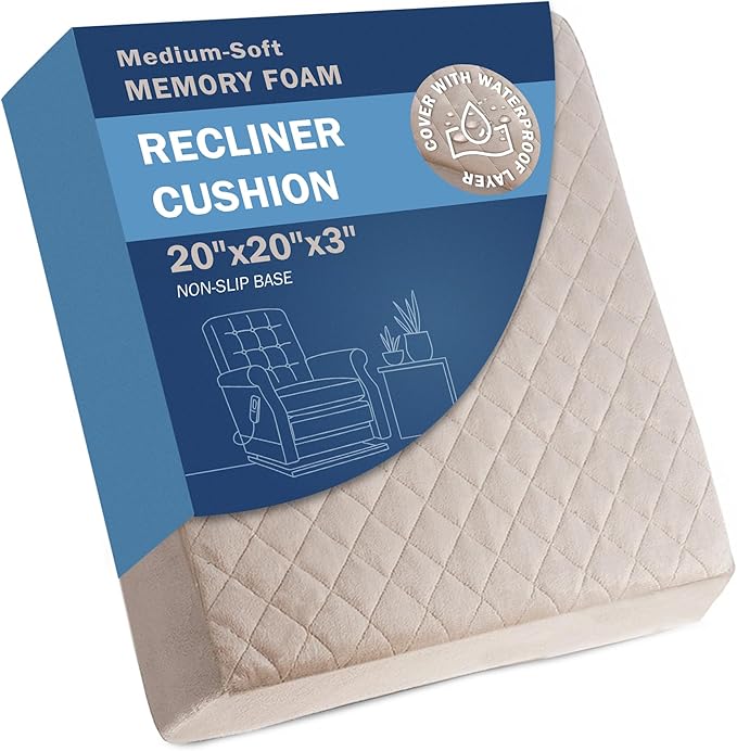 Medium-Soft 20x20x3 Memory Foam Recliner Chair Seat Cushion for Long Sitting - Armchair Pad with Washable Velvety Cover with Waterproof Layer & Non-Slip Base for Seniors & Elderly - Beige