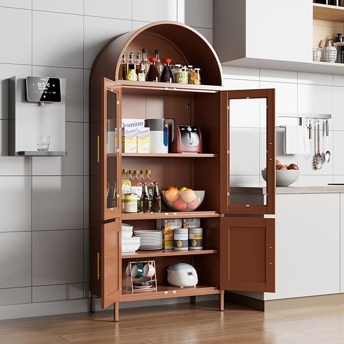 Metal Arched Bookcase Cabinet with 4 Doors,Arched Pantry Cabinet for Home Office Living Room,Required Assembly,Brown